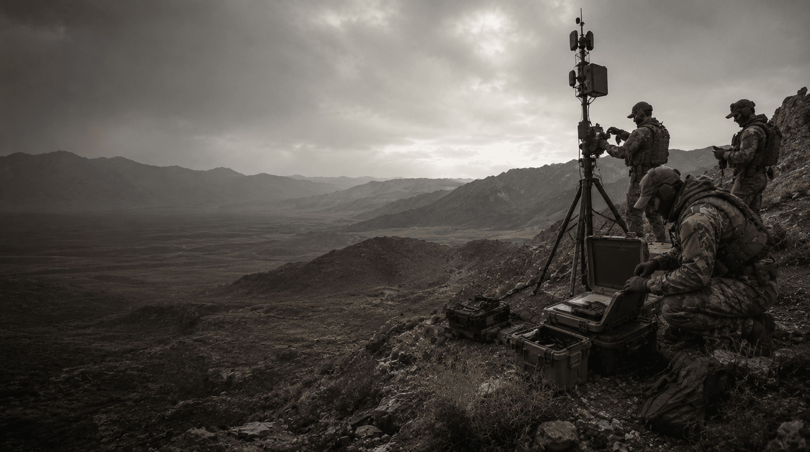 Operators positioned in rocky mountain terrain with mission equipment