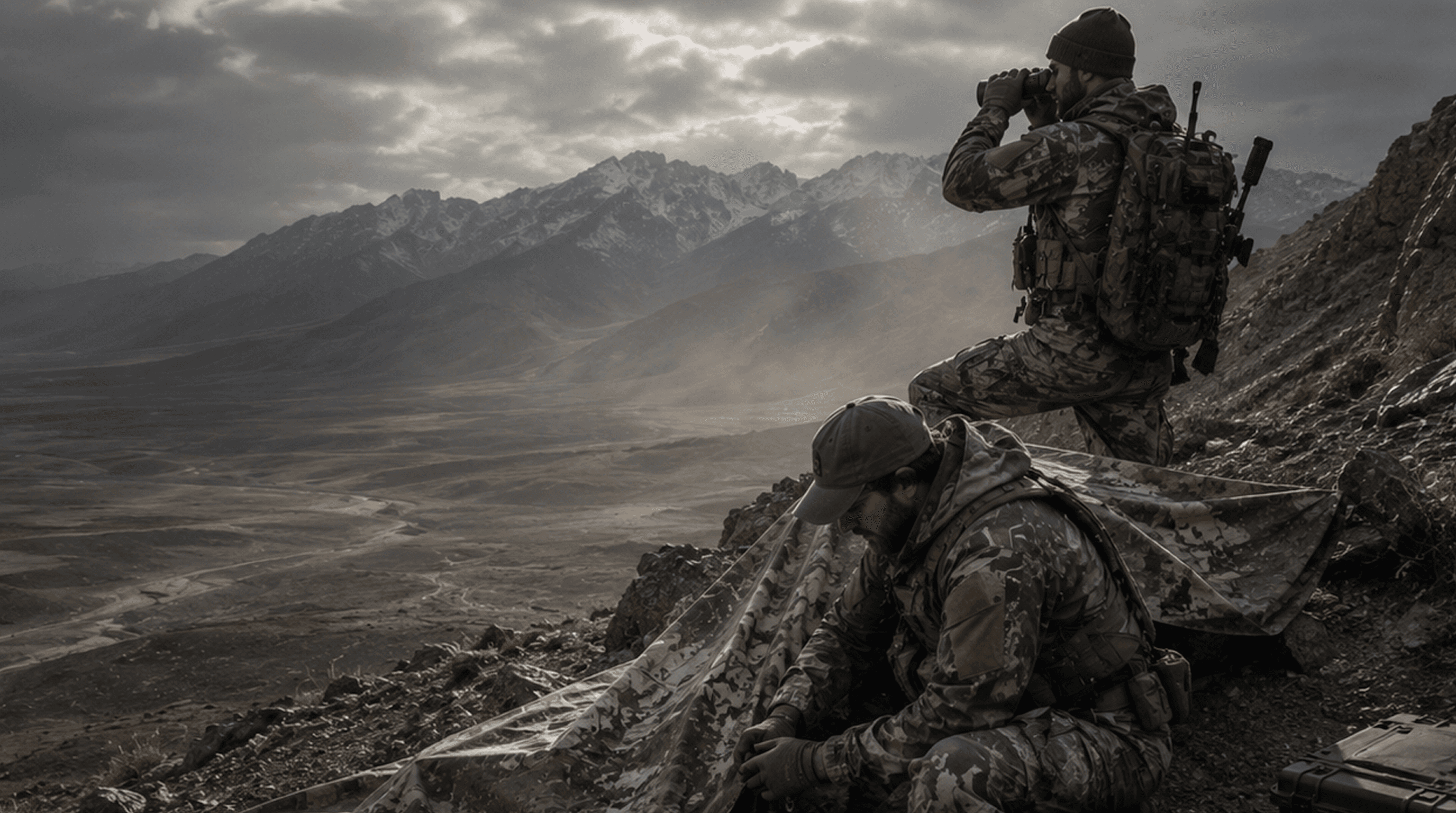 Operators deploying concealment equipment in mountainous terrain