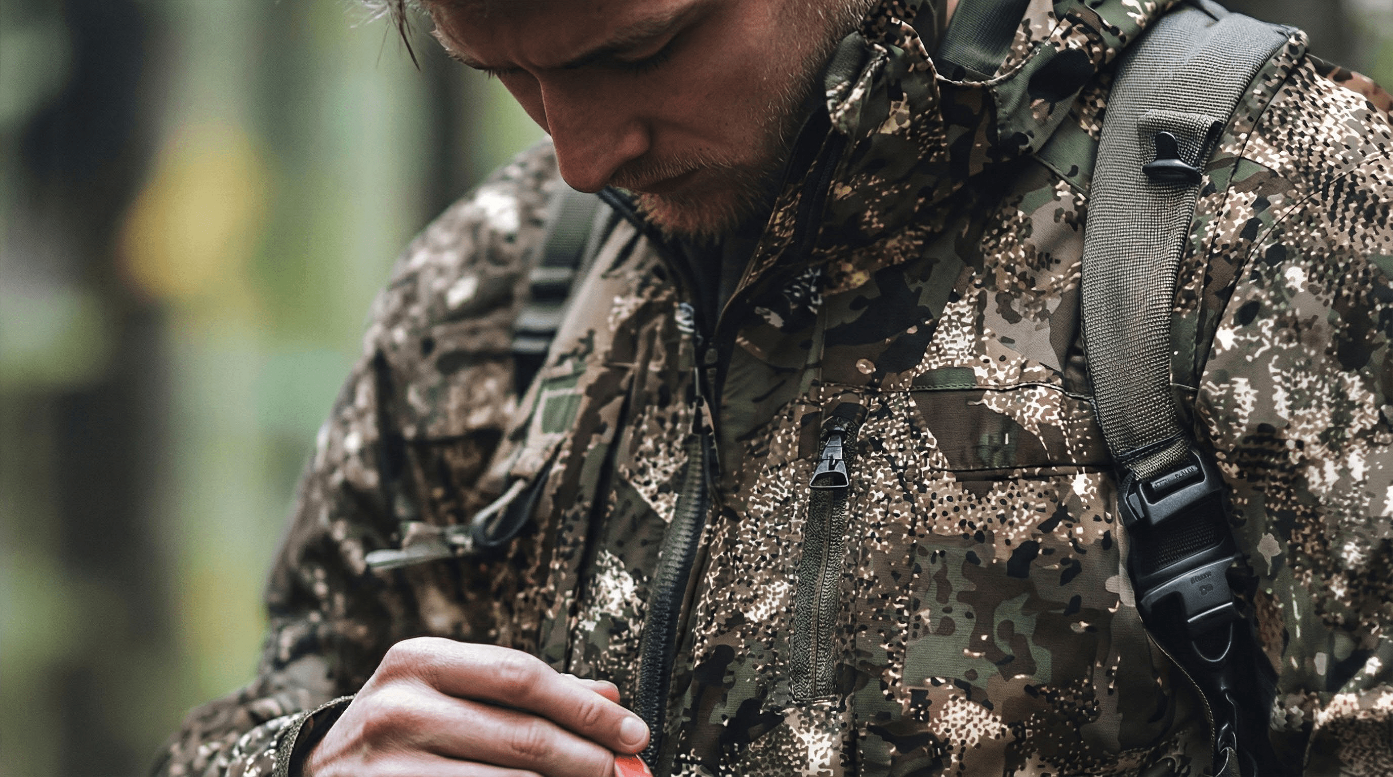 Close-up of a field operator adjusting camouflage outerwear